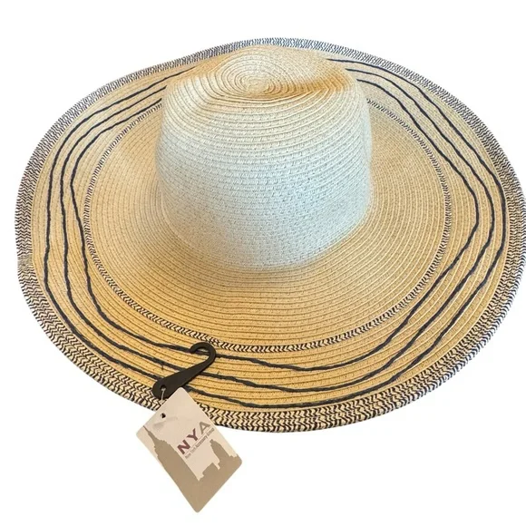 Women's Tan Wide Brim Sun Hat With Blue Trim - Picture 11 of 11
